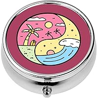 Mini Portable Pill Case Box for Purse Vitamin Medicine Metal Small Cute Travel Pill Organizer Container Holder Pocket Pharmacy The Wave and Coconut Summer time Yin Yang Badge Patch Emblem Art