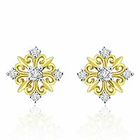 Created Round Cut White Diamond 925 Sterling Silver 14K Yellow Gold Over Diamond Snowflake Heart Stud Earring For Women's