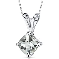 PEORA Solid 14K White Gold Green Amethyst Pendant for Women, Genuine Gemstone Birthstone Classic Solitaire, Cushion Cut, 6mm