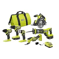 RYOBI ONE+ PCL1600K2 18V Cordless 6-Tool Combo Kit with 1.5 Ah Battery, 4.0 Ah Battery, and Charger