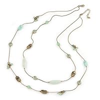 Avalaya Vintage Inspired Two Strand Light Green Bead Necklace in Bronze Tone Metal - 68cm L/ 5cm Ext