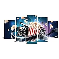 VANSEEING 5 Panels Filmmaking Canvas Wall Art Clapper Boards Wall Decor Movie Reels Painting Pictures Popcorn Photo Prints Modern Giclee Artwork for Movie Theater Cinema