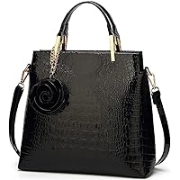 Shiny Patent Leather Women Handbag Crocodile Pattern Shoulder Bag Flower Pendant Top Handle Tote Satchel Purse