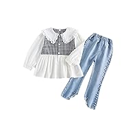 Girls Casual Checkered Printed Shirt Top + Pearl Denim Pants