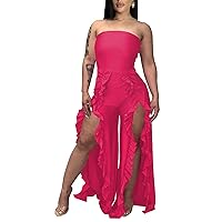 Womens Sexy Wrapped Chest Strapless Solid Color Ruffle Slim Casual Jumpsuit Rompers