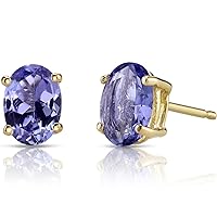 Peora Solid 14K Yellow Gold Tanzanite Earrings for Women, Genuine Gemstone Classic Solitaire Studs, 7x5mm Oval Shape, 1.50 Carats total, Friction Back