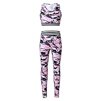 Big Girls Sports Outfit Camouflage Print Racer Back Crop Top with Leggings Gymnastic Exercise Sweatsuit