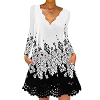 Sun Dresses,Ladies Lace V Neck Long Sleeve Hollow Print Straight Casual Dress Womens Casual Long Sleeve Dresses