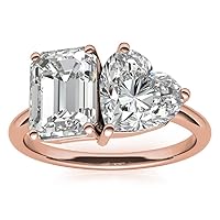 Gold: 10K Solid Rose Gold Handmade Engagement Rings 2.0 CT Emerald & Heart Manual Cut Premium Simulated Diamond Solitaire Wedding/Bridal Ring Set for Women/Her Propose Rings