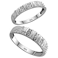 Genuine 925 Sterling Silver Diamond Trio Wedding Sets for Him and Her 3 Channel 3-piece 5mm & 3.5mm wide 0.14 cttw Brilliant Cut sizes 5-14
