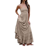 Women's Summer Spaghetti Straps Sleeveless Backless Sundress Flowy Smocked Lace Swing A Line Midi Tank Dress