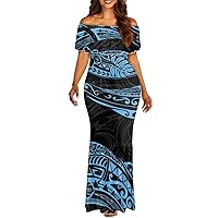 GLUDEAR Women's Plus Size Polynesian Tribal Print Off Shoulder Bodycon Mermaid Maxi Dress S-7XL