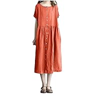 Women's Linen Shirt Dresses Summer Casual Short Sleeve Ruched Button Down Tunic Midi Dress Beach Flowy Dress 2024