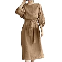 Women's Linen Midi Dresses 3/4 Sleeve Summer Calf-Length Dress Casual Vacation Sundress Ladies Elegant Cotton Dress