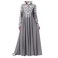 Women's Retro Kaftan Abaya Dress Muslim Long Sleeve Crew Neck Split Maxi Dress Islamic Arab Jilbab with Pockets