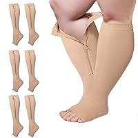 3 Packs Plus Size Compression Socks with Zipper, Knee High 15-20 mmHg for Women Men, Open Toe Support Socks for Veins