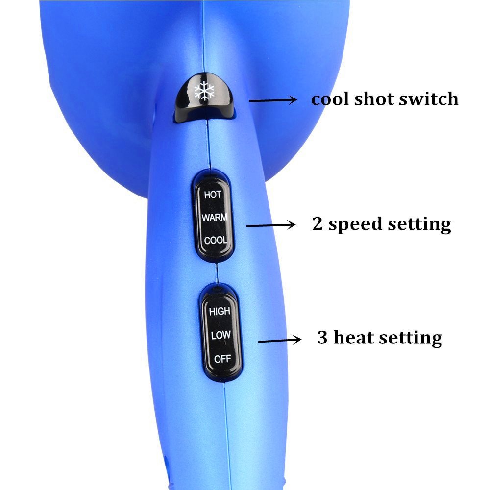 VAV Blow Dryer 1875W Negative Iron Professional Hair Dryer 2 Speed 3 Heat Settings Cool shot Button DC Motor Blue