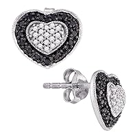 The Diamond Deal 10K White Gold Black Color Enhanced Round Diamond Heart Cluster Screwback Stud Earrings 1/2 Cttw