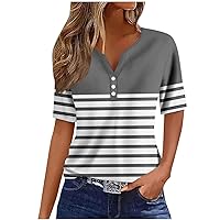 Womens Striped Tops Henley Neck Buttons Dressy Shirts Summer Short Sleeve Casual Blouses 2024 Fashion Pullover Tees