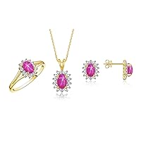 Women's Yellow Gold Plated Silver Birthstone Set: Ring, Earring & Pendant Necklace. Gemstone & Diamonds, 6X4MM Birthstone. Perfectly Matching Friendship Jewelry. Sizes 5-10.