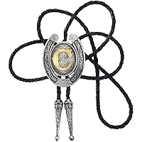 STARBRILLIANT Fashion Cowboy Western Tie Gold Initial A to Z Cowboy Bolo Tie with Silver Grey Horseshoe Pattern Edging