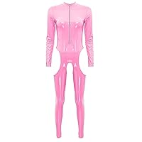 YiZYiF Women Sexy Hollow Out Latex Catsuit PVC Exotic Costume Lingerie Full Bodysuit Leotard Clubwear
