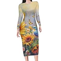 Rainbow Ladybug Daisy Womens Long Sleeve Midi Bodycon Dress Casual Crewn Neck Pencil Long Dress Plus Size