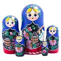 Girl with a Yoke Nesting Doll (5 pc.) б Nesting Dolls Matryoshka Wood Stacking Nested Set 5 Pieces, Handmade Toys for Christmas, Acrylic Paints, Lacquer, Wood