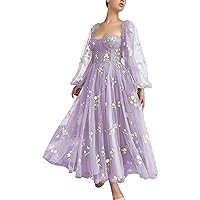 Women's Lavender V-Neck Tulle Midi Prom Dresses Puff Sleeves Embroidery Lace Tea-Length A-Line Wedding Party Dresses
