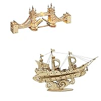 Rowood 3D Wooden Puzzles for Adults, DIY Sailing Ship Bundle London Tower Bridge Model,Gifts for Teens on Christmas