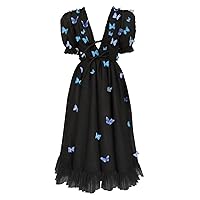 Tulle 3D Butterfly Prom Dress V Neck Puffy Sleeves Homecoming Dress Sexy Backless A-Line Midi Cocktail Dress
