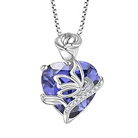 FJ Birthstone Necklace for Women 925 Sterling Silver Butterfly Pendant Rose Flower Necklace Jewellery Gifts for Women Mom Wife Girls Her