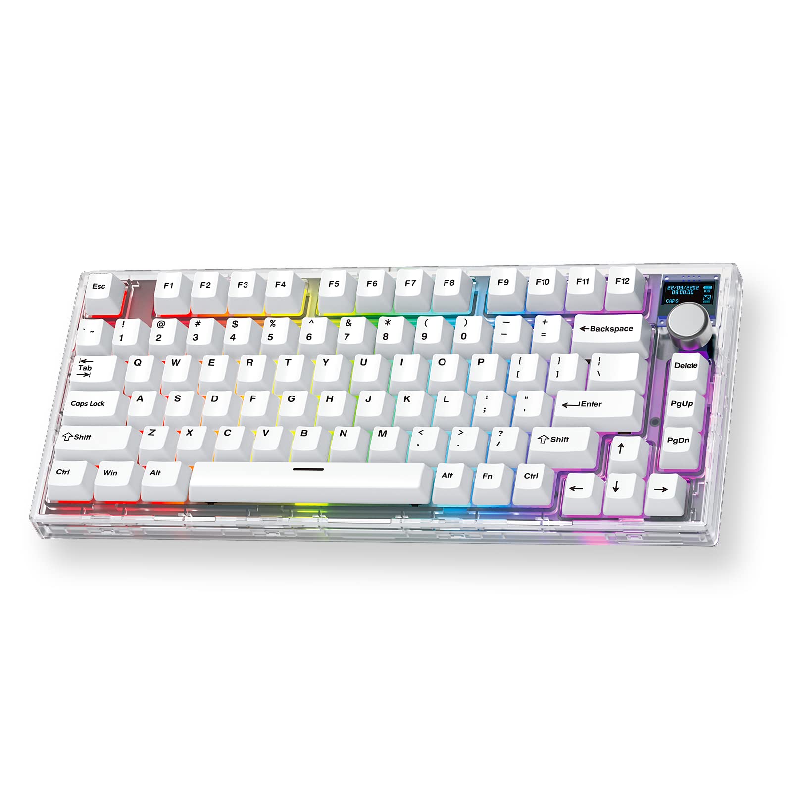 FANTECH MAXFIT81 Wireless Mechanical Keyboard PBT Keycaps RGB 75% Gaming Keyboard with Customizable OLED Display & Knob, Hot Swappable Modular Sound Proofing Base, Gateron Yellow Switch, White