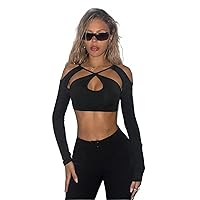 Women's Tops Sexy Tops for Women Shirts Sexy Black Cut Out Front Crop Tee with V Neck and Long Sleeves Women's Shirts