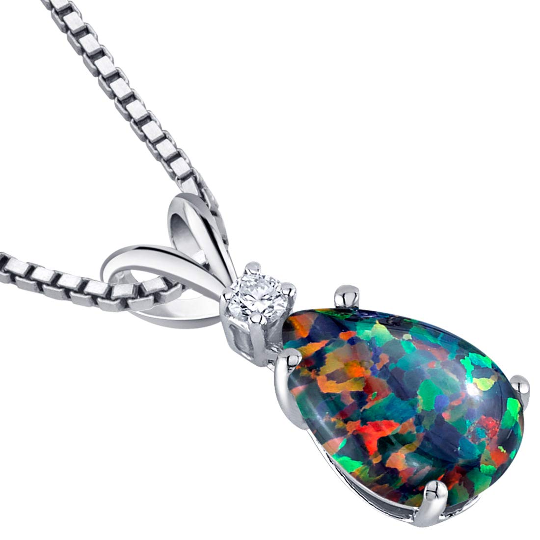Peora Created Black Opal with Genuine Diamond Pendant for Women 14K White Gold, Elegant Teardrop Solitaire, Pear Shape, 10x7mm, 1 Carat total
