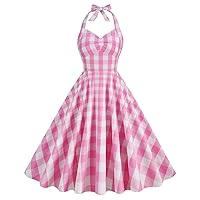 Women 1950s Pink Plaid Dress Halloween Costume Pin Up Rockabilly Dresses Cosplay Vintage Rockabilly Party Gowns