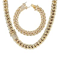 Miami Cuban Link Chains Set For Men 12/14/20mm 18K Gold Plated Diamond Fully Iced Out Chain Bracelet Necklace