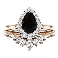 Black Onyx 2.5 CT Wedding Ring Set 14k Gold Black Onyx Engagement Ring Halo Pear Cut Art Deco Bridal Ring Set Unique Anniversary Rings for Women