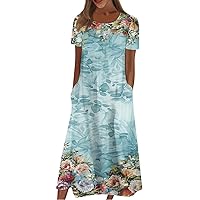 Casual Summer Dresses for Women Plus Size Bohemian Dress Short Sleeve Floral Midi Dress Crewneck Flowy Beach Dress