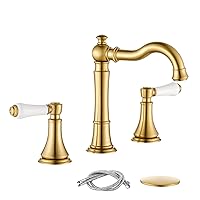 Brushed Gold Faucets for Bathroom Vanity, Traditional Porcelain Handle 8 inch Widespread Bathroom Faucets for 3 Holes, 8 in Spread Bath Faucet, with Pop-up Drain and 2Pcs Water Supply Lines
