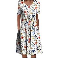 Women Print Ruffle Pocket Beach Midi Dress Summer Round Neck Short Sleeve Oversized Dresses