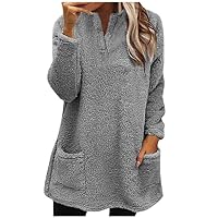 Fleece Sherpa Tunic Pullover for Women Casual V Neck Fluffy Fuzzy 2023 Winter Warm Loungwear Solid Tops with Pockets