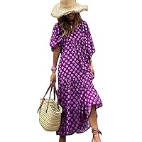 Women's Puff Sleeve Maxi Plus Size Dress V Neck Flowy Sundress Boho Block Print Dress Large