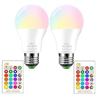 RGBW Color Changing LED Light Bulbs, A19 E26 Screw Base IR Remote Control Dimmable with Memory Function 60W Equivalent for Home Decoration Stage Bar Party (RGB+Warm Lighting, 2-Pack)