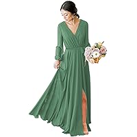 V-Neck Bridesmaid Dresses Long Chiffon Formal Evening Ball Gowns with Long Sleeves for Women R008