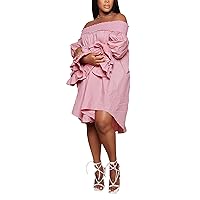 Off Shoulder Dress for Women A-Line Ruffle Sleeve Casual Plus Size Midi Pleated Sundress