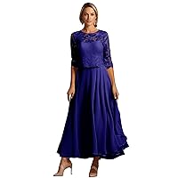 Tea Length Mother of The Bride Dresses for Wedding - Lace Chiffon Formal Gown Half Sleeve