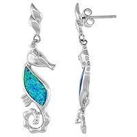 Sterling Silver Synthetic Opal Inlay Seahorse Dangle Earrings with small CZ, 1 5/8 inch long