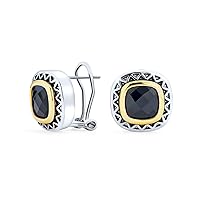 Black Onyx Cubic Zirconia Two Tone Square Cushion Omega Earrings For Women Silver Gold Plated Brass