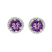 HALO STUD EARRINGS IN TWO TONE YELLOW GOLD WITH SOLITAIRE AMETHYST AND DIAMONDS
